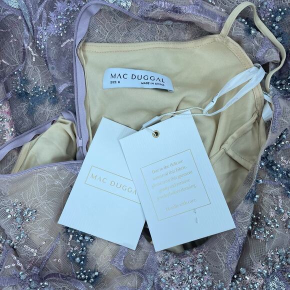 Mac Duggal Embellished High Neck Puff Sleeve A-Line Dress Taupe Size 6 - Picture 12 of 12